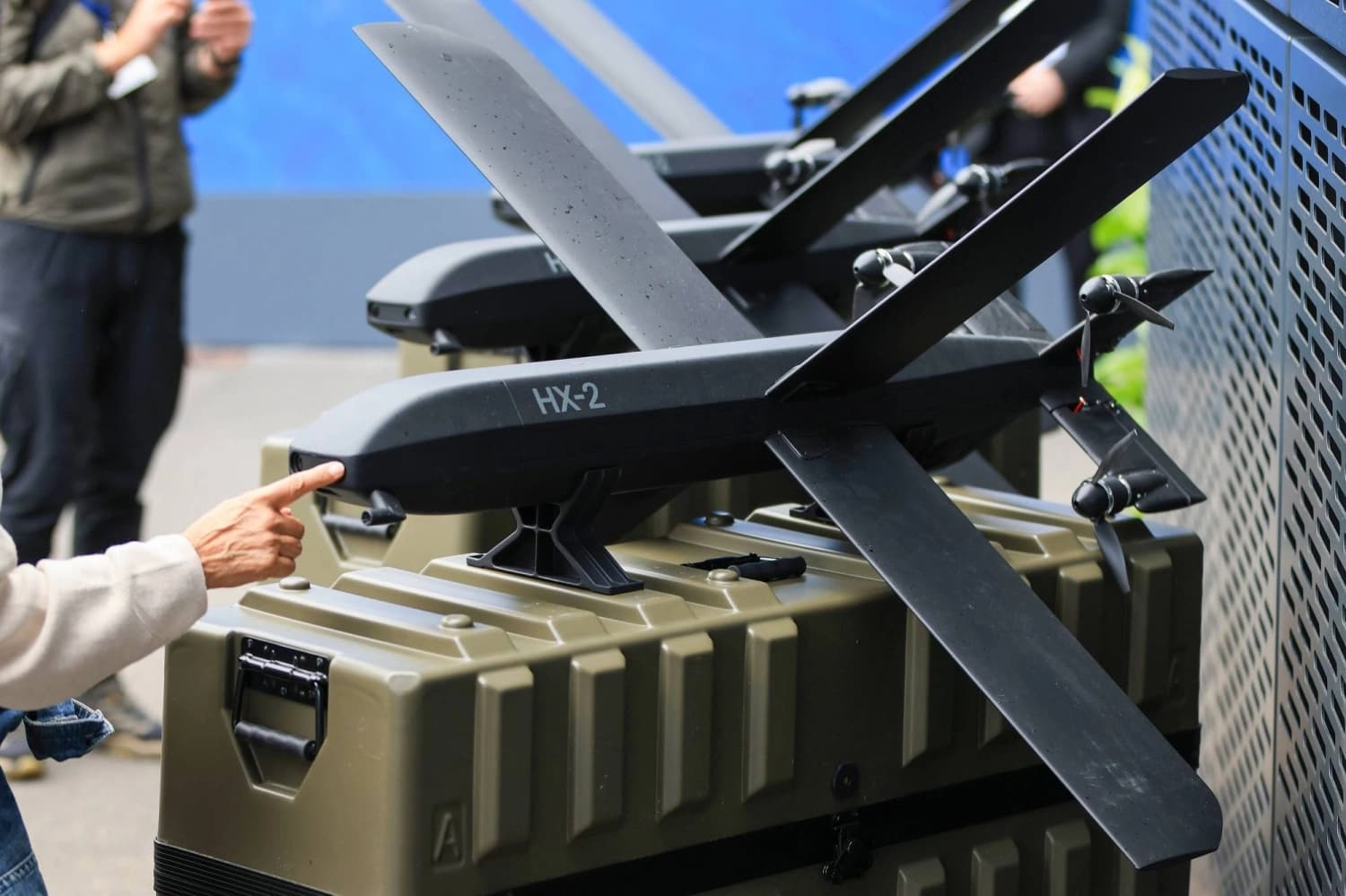 A Helsing HX-2 strike drone displayed during a demonstration