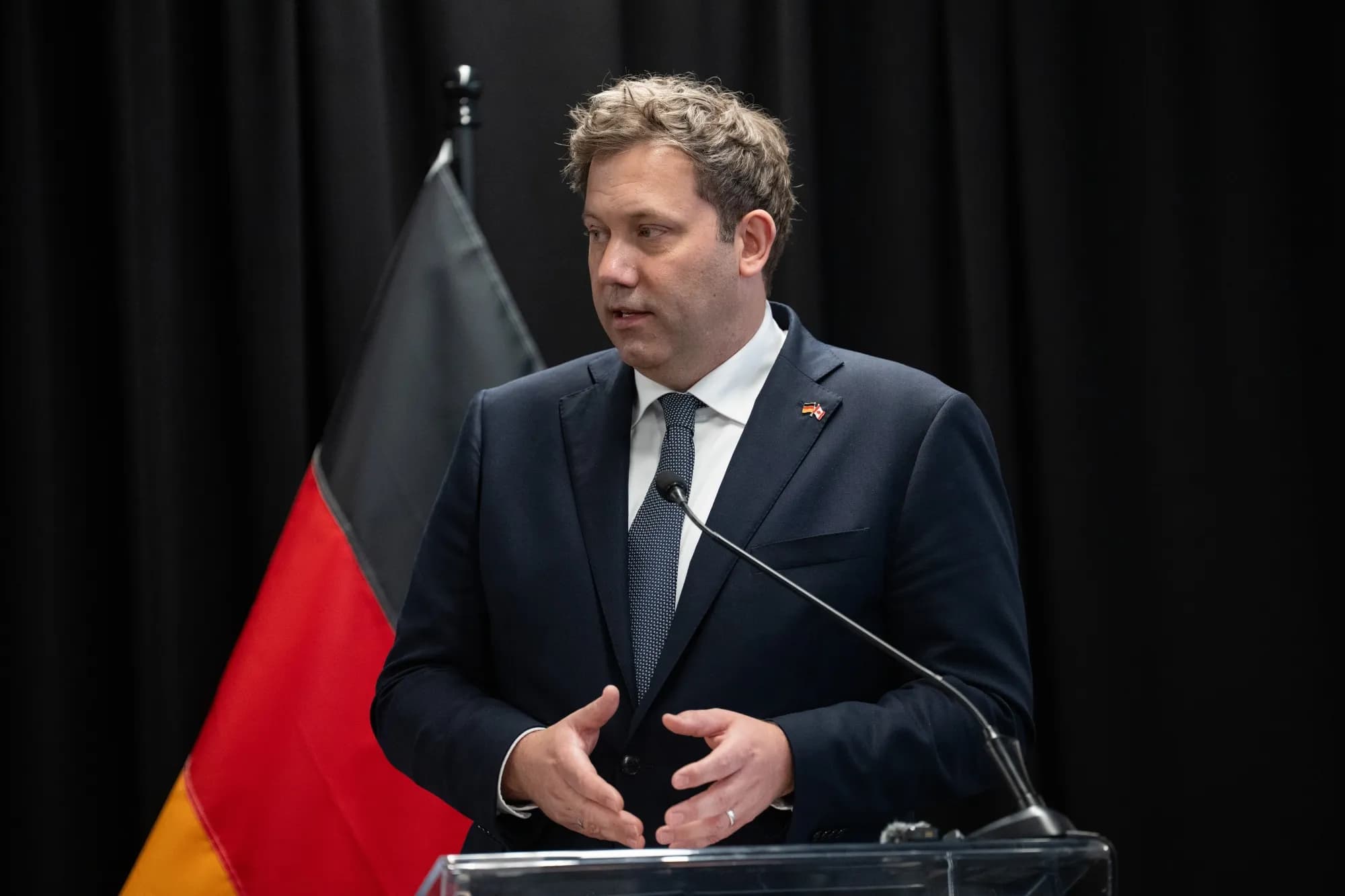 German Finance Minister Lars Klingbeil speaking at a press event